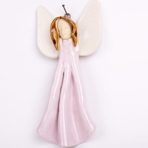 anioł ścienny w różowej sukni rozmiar M ceramiczny dekoracyjny