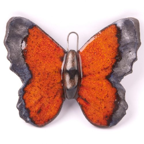 Motyl ceramiczny pomarańczowo srebrny z ciemnej gliny