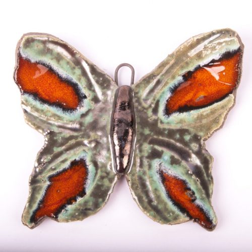 Motyl z gliny ręcznie wykonany pomarańczowo oliwkowo zielony