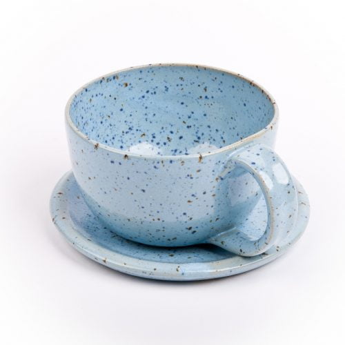 Pastelowo-niebieski komplet ze spodkiem, poj. 160 ml ceramika polska