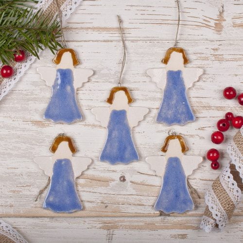 Aniołki ceramiczne w niebieskiej sukience - 5 sztuk